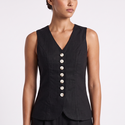Black tailored waistcoat vest with seven ivory shell buttons – detail view (v3)