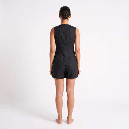 Black cotton-linen vest and shorts co-ord – back view (v3)