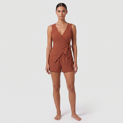 Maeve & Co terracotta rust wrap top and shorts co-ord – full-length front view