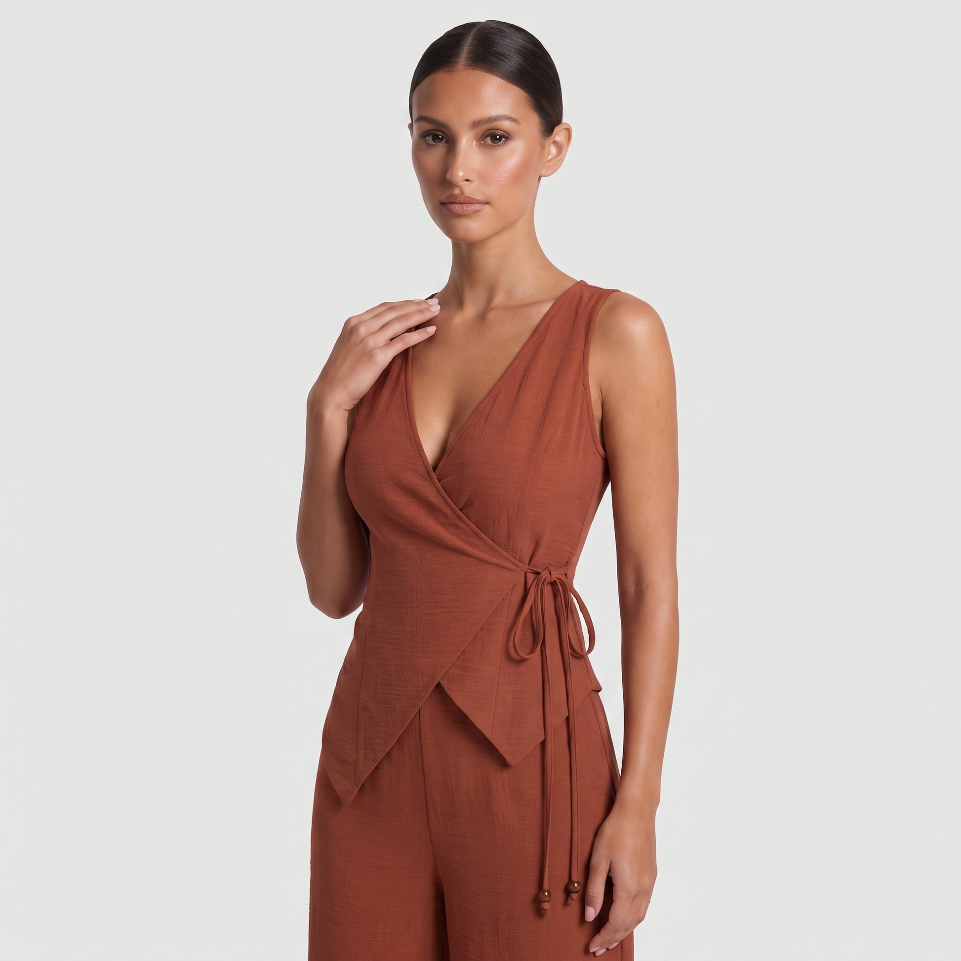 Terracotta rust wrap vest top with side tie – detail view