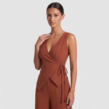 Terracotta rust wrap vest top with side tie – detail view
