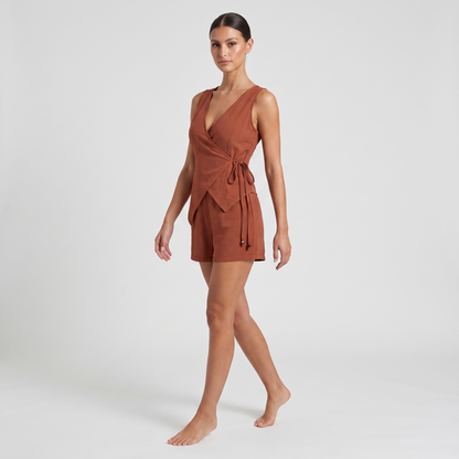 Terracotta rust wrap top and shorts co-ord – three-quarter view