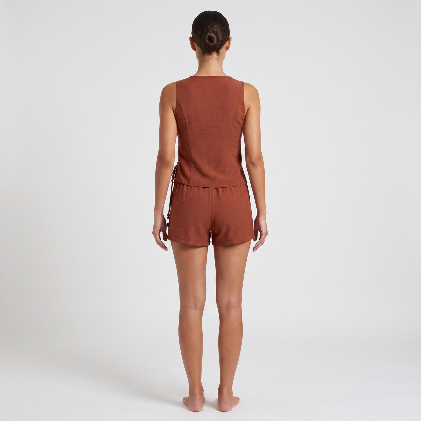 Terracotta rust wrap top and shorts co-ord – back view