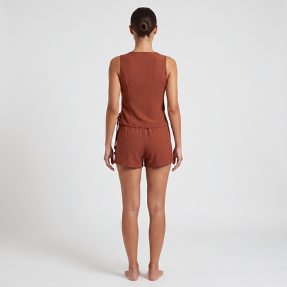 Terracotta rust wrap top and shorts co-ord – back view