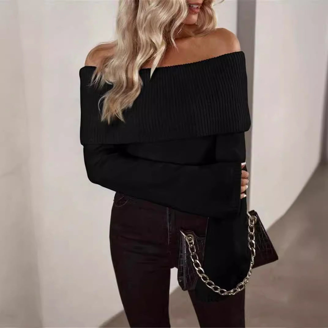 Off-Shoulder Fold-Over Knit Sweater - Black