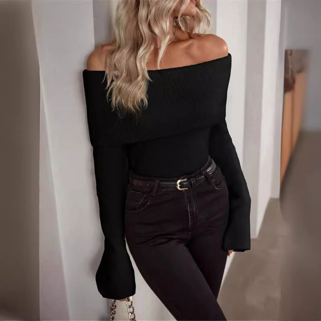 Off-Shoulder Fold-Over Knit Sweater - Black