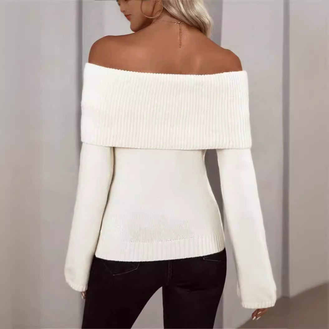 Off-Shoulder Fold-Over Knit Sweater - White