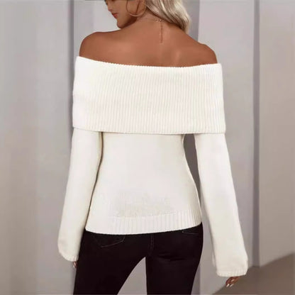 Off-Shoulder Fold-Over Knit Sweater - White