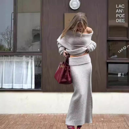 Maeve Women's Knitted Co-Ord Set - Off-Shoulder Top & Maxi Skirt