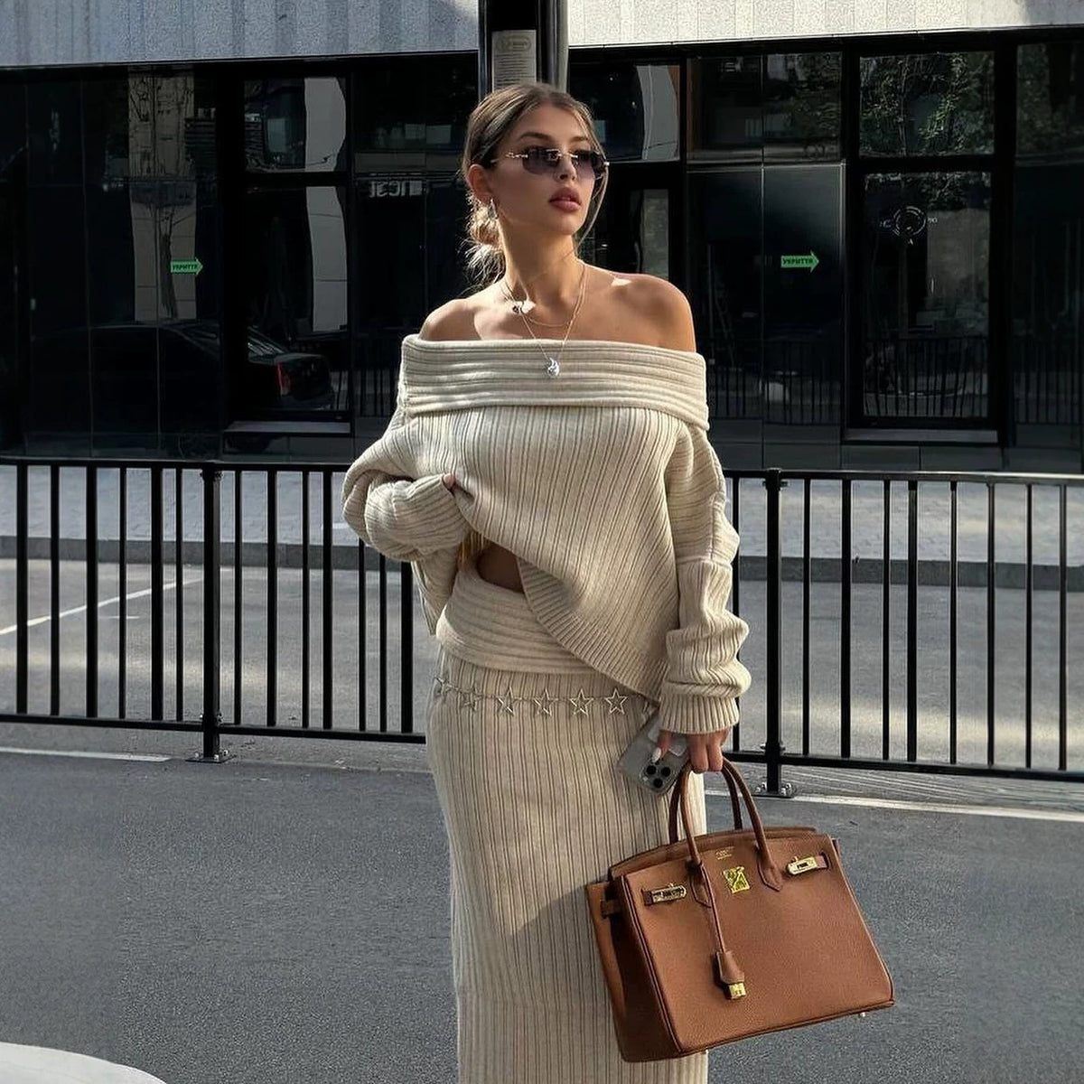 One-Shoulder Knit Two-Piece Set - Apricot