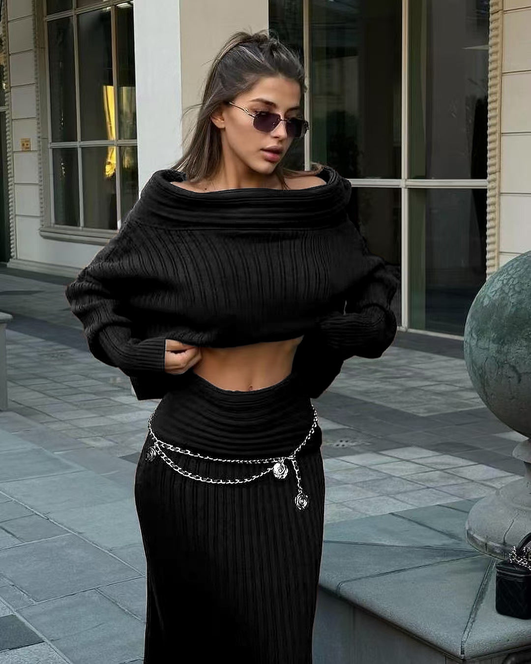 One-Shoulder Knit Two-Piece Set - Black