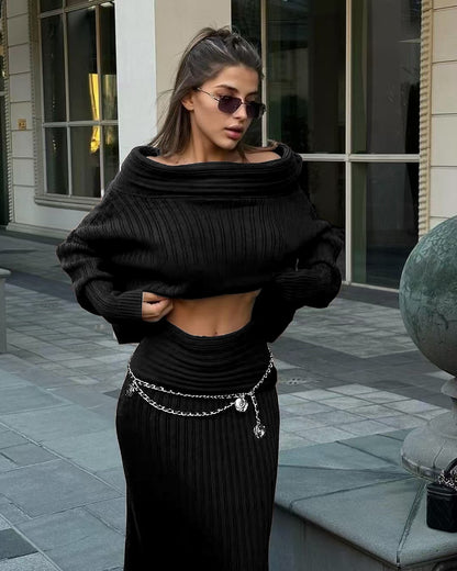 One-Shoulder Knit Two-Piece Set - Black