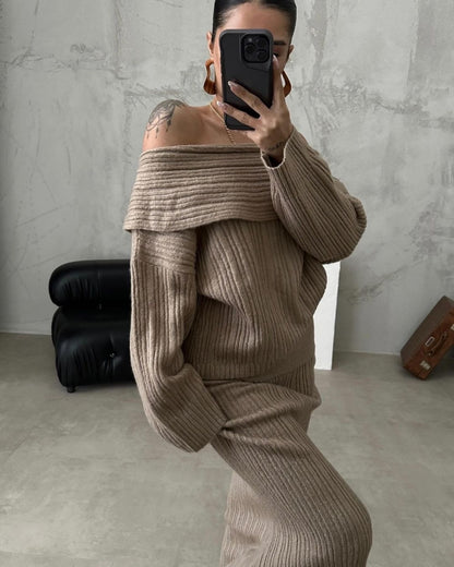 One-Shoulder Knit Two-Piece Set - Camel