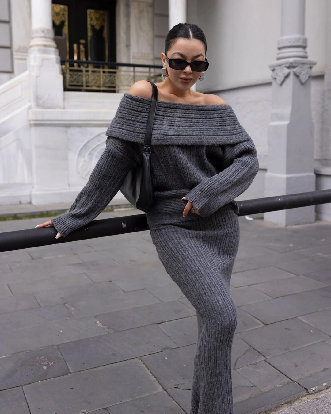 One-Shoulder Knit Two-Piece Set - Grey