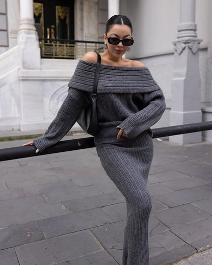 One-Shoulder Knit Two-Piece Set - Grey