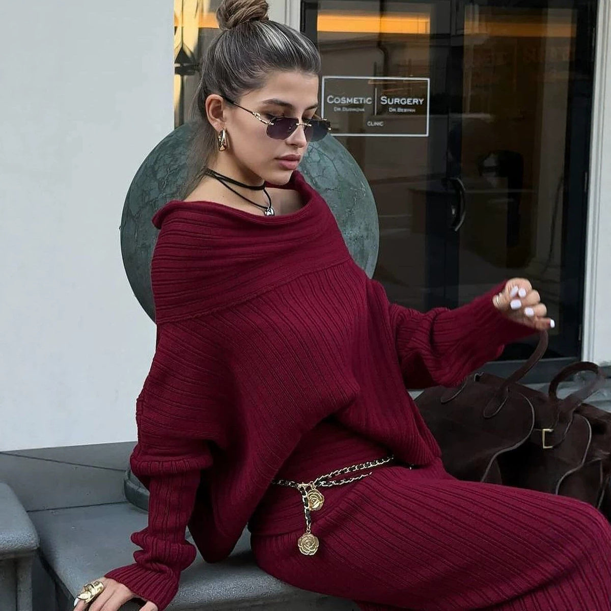 One-Shoulder Knit Two-Piece Set - Wine Red