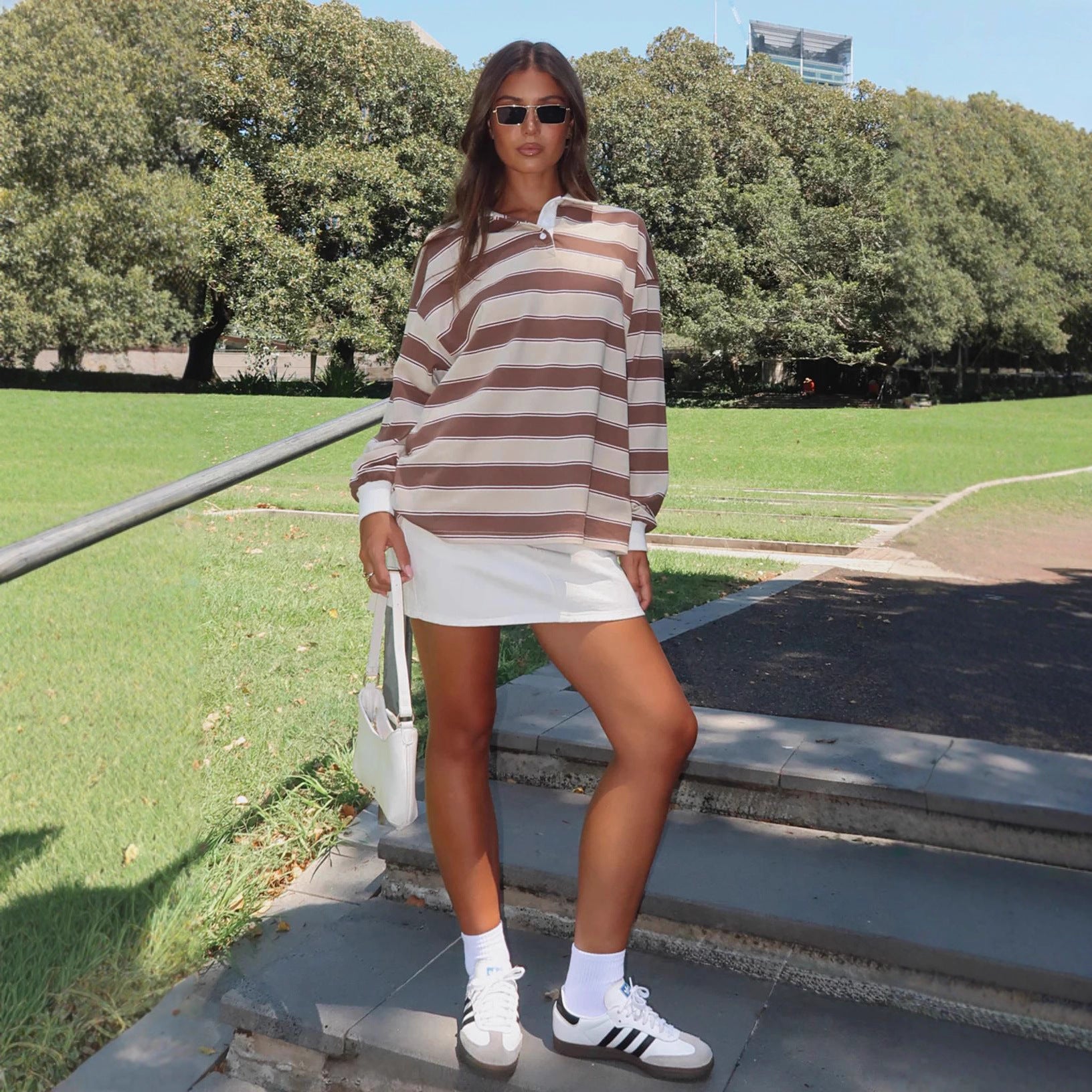 Oversized Striped Rugby Polo Sweater - Brown