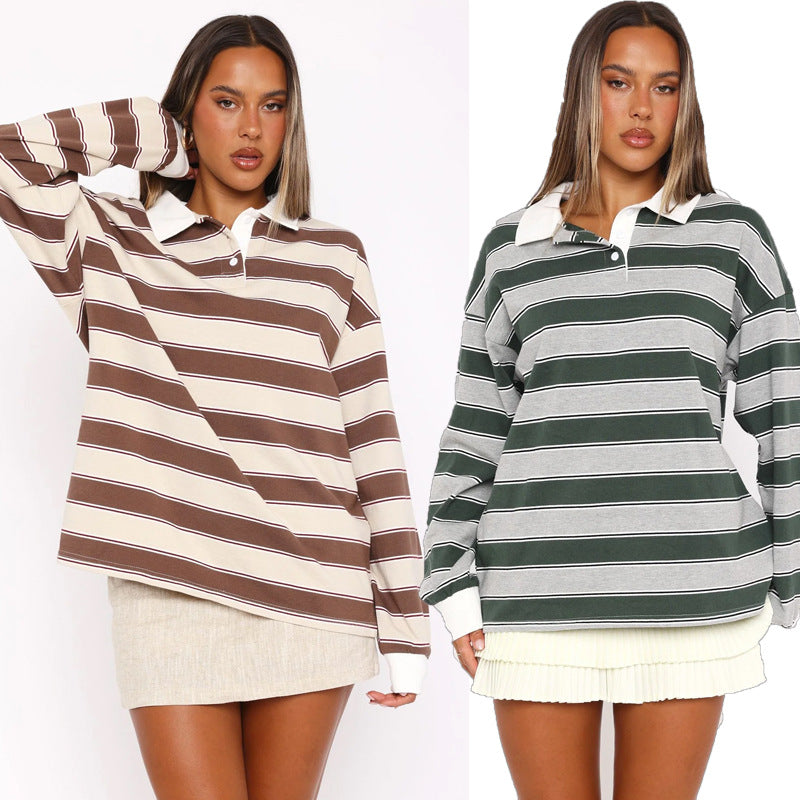 Oversized Striped Rugby Polo Sweater - Brown