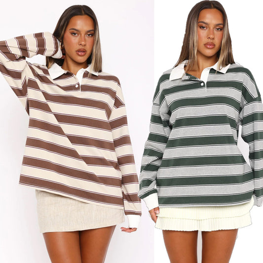 Oversized Striped Rugby Polo Sweater - Brown