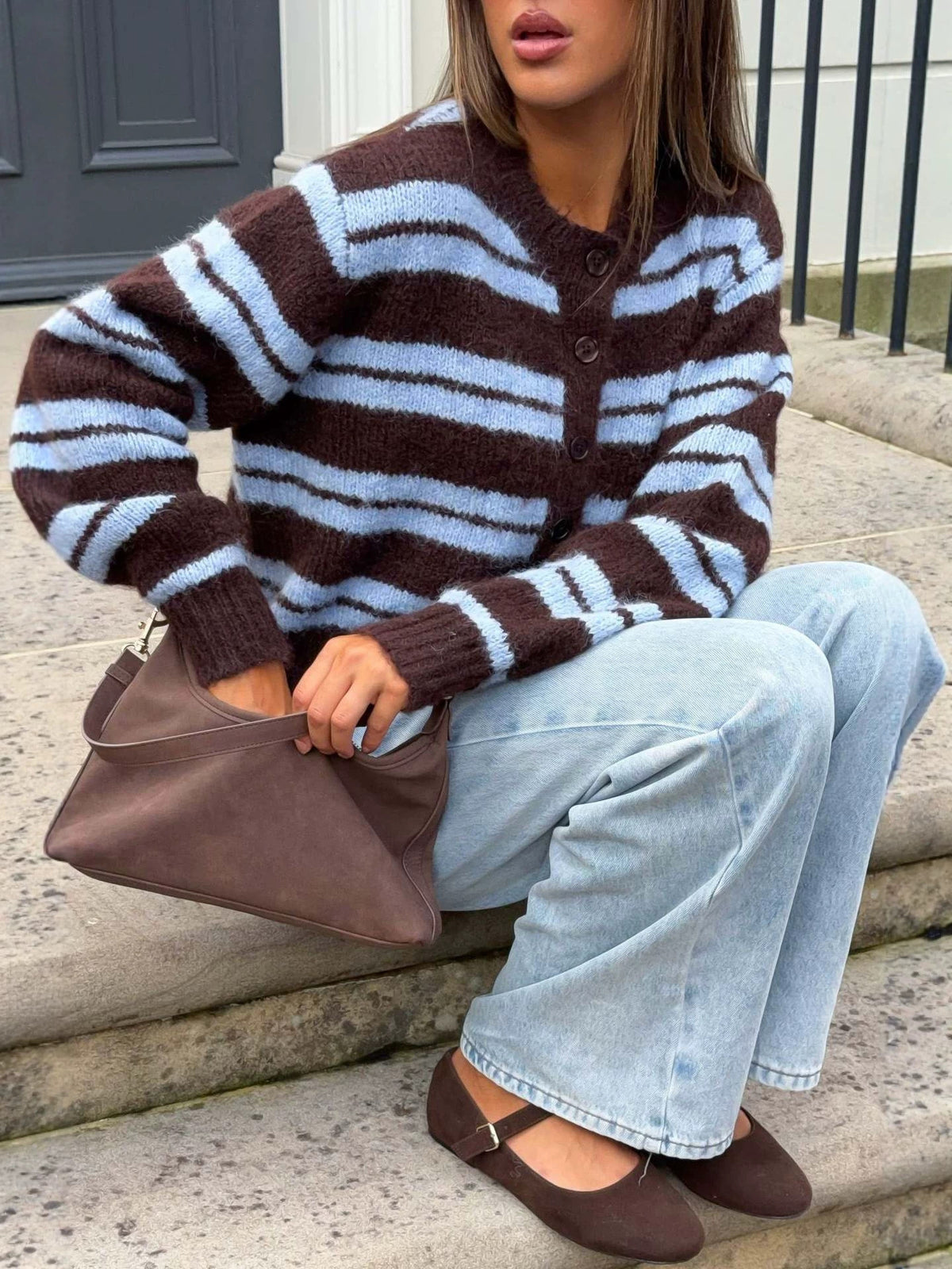 Striped Button-Front Cardigan - Brown Multi