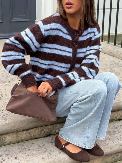 Striped Button-Front Cardigan - Brown Multi