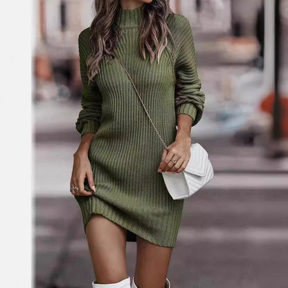 Ribbed Turtleneck Sweater Dress - Army Green