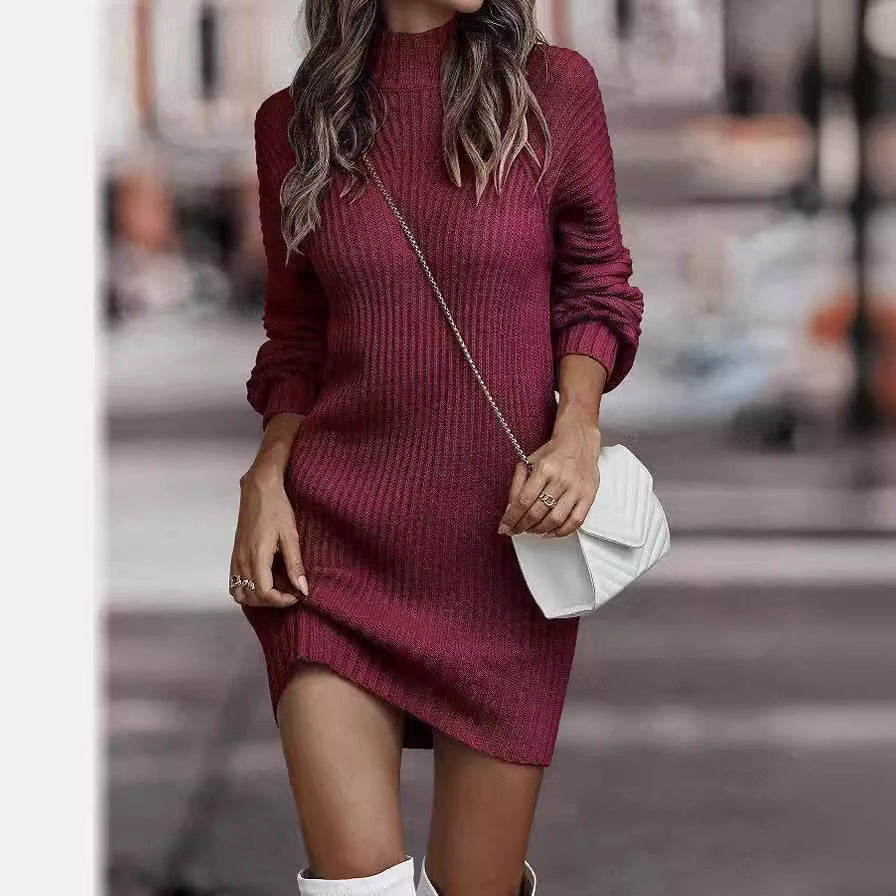 Ribbed Turtleneck Sweater Dress - Wine Red