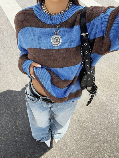 Colour-Block Striped Drop-Shoulder Sweater - Blue