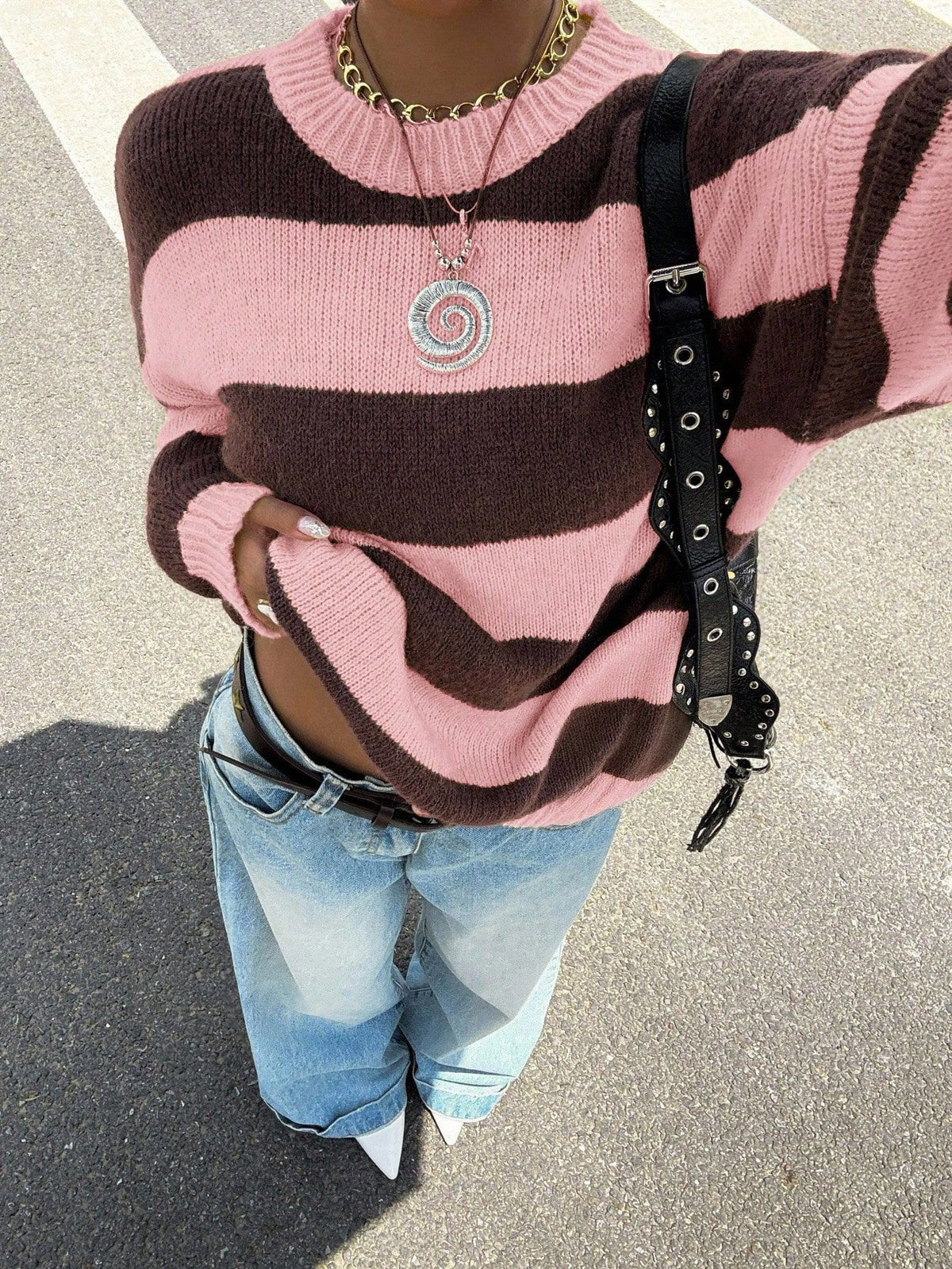 Colour-Block Striped Drop-Shoulder Sweater - Pink