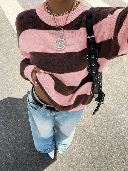 Colour-Block Striped Drop-Shoulder Sweater - Pink