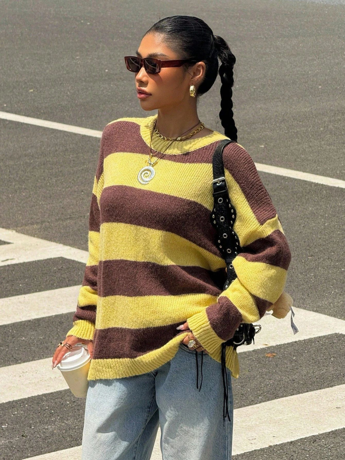 Colour-Block Striped Drop-Shoulder Sweater - Yellow