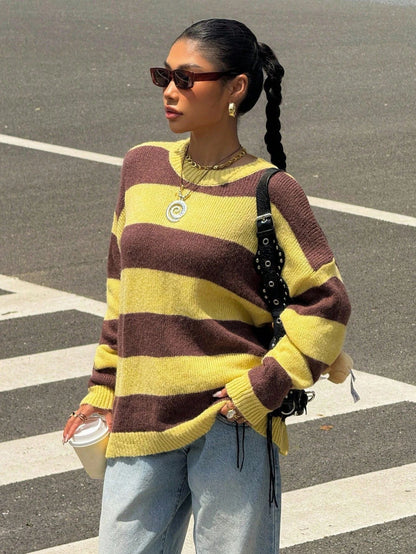 Colour-Block Striped Drop-Shoulder Sweater - Yellow