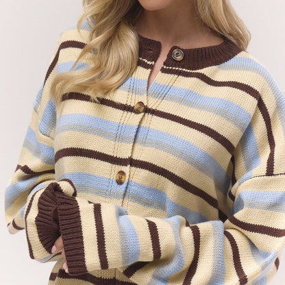Striped Button-Front Knit Cardigan - Blue Stripe