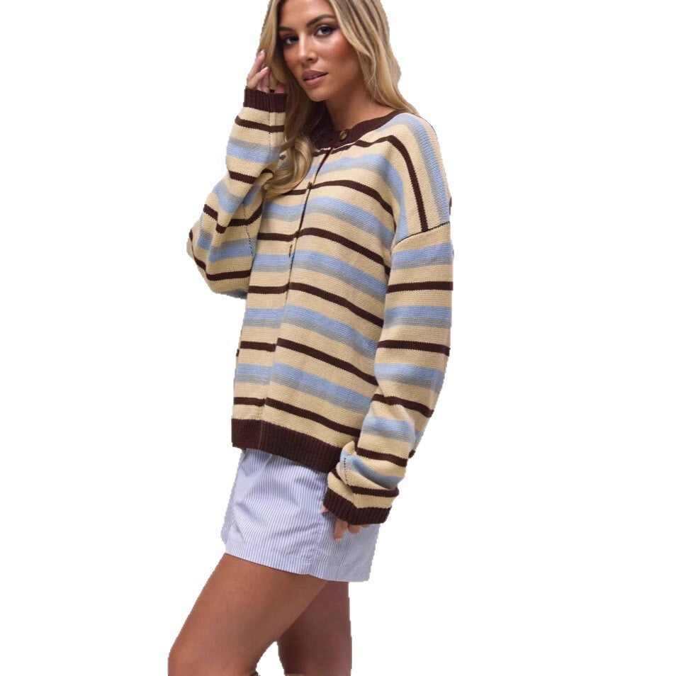 Maeve Women's Knitted Cardigan - Striped Button-Front V-Neck