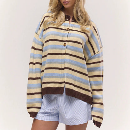Maeve Women's Knitted Cardigan - Striped Button-Front V-Neck