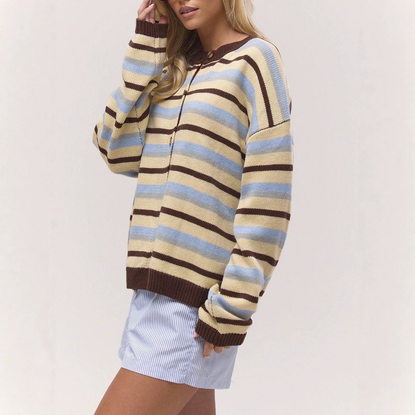 Maeve Women's Knitted Cardigan - Striped Button-Front V-Neck