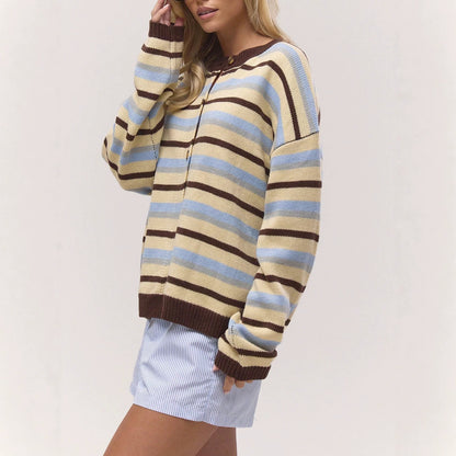 Maeve Women's Knitted Cardigan - Striped Button-Front V-Neck