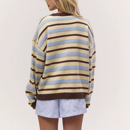 Maeve Women's Knitted Cardigan - Striped Button-Front V-Neck
