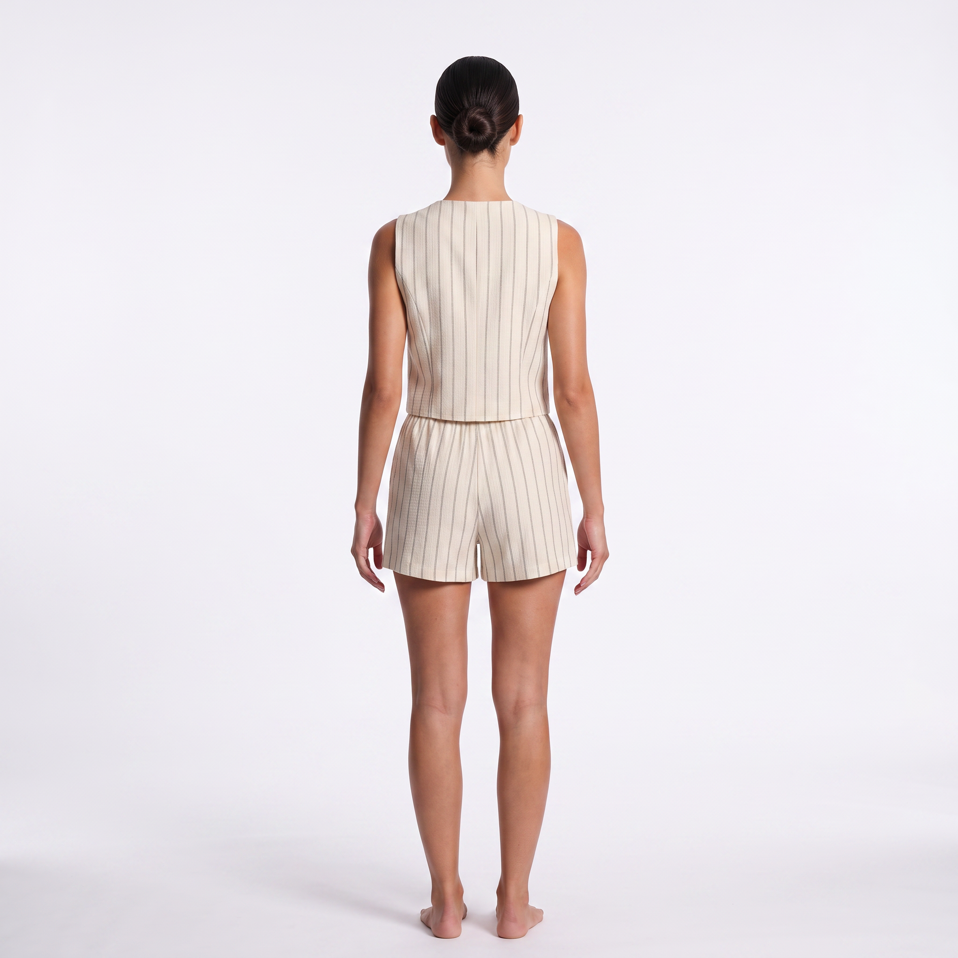 Ivory striped waistcoat and shorts set, back view