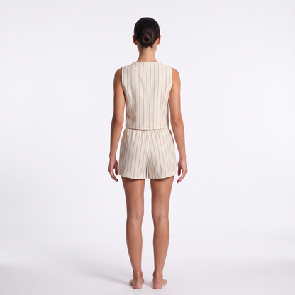 Ivory striped waistcoat and shorts set, back view