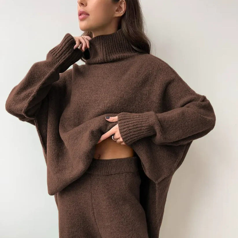 High-Neck Knit Sweater & Trouser Set - Coffee