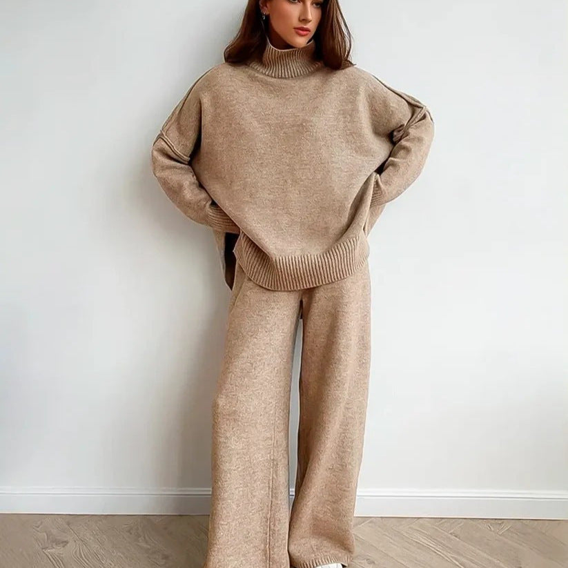High-Neck Knit Sweater & Trouser Set - Khaki