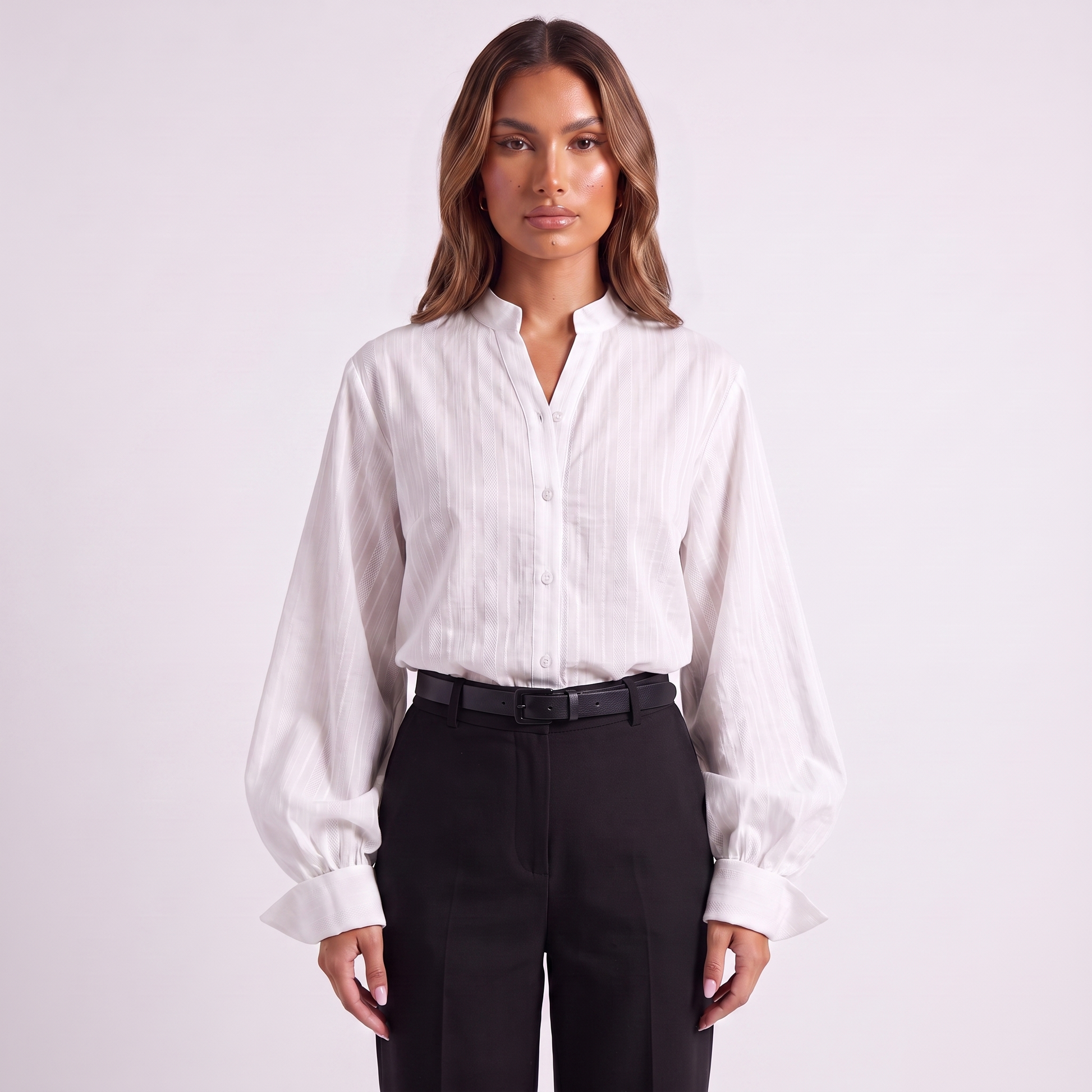 Stand collar bishop-sleeve shirt, White, full look