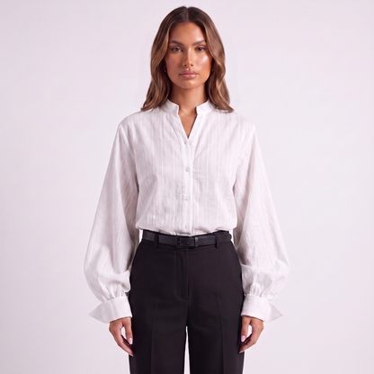 Stand collar bishop-sleeve shirt, White, full look