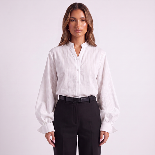 Stand collar bishop-sleeve shirt, White, full look