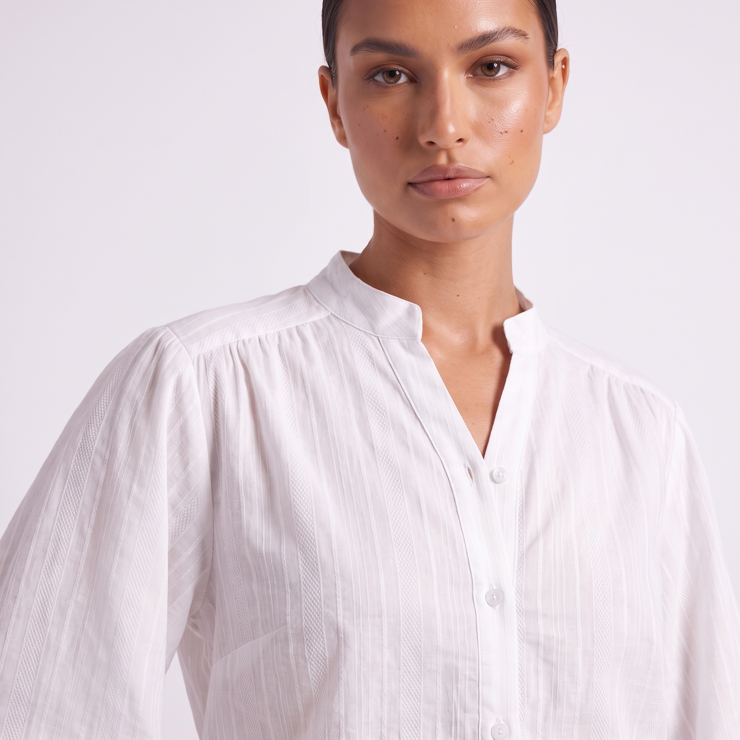 Stand collar and button placket detail