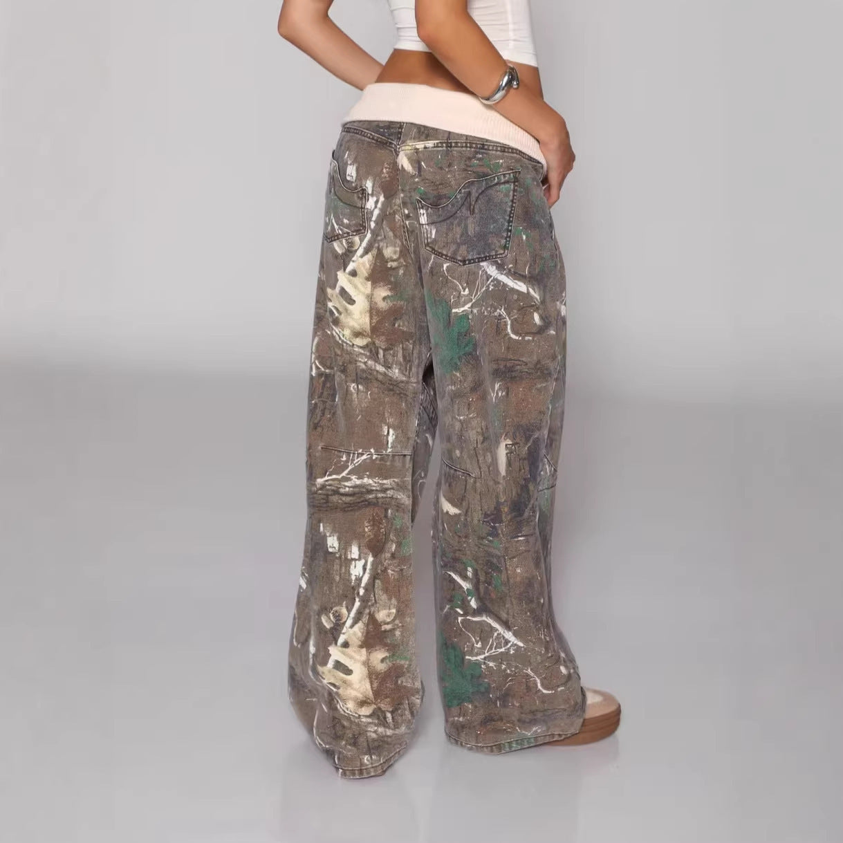 High-Waisted Wide-Leg Trousers - Camo