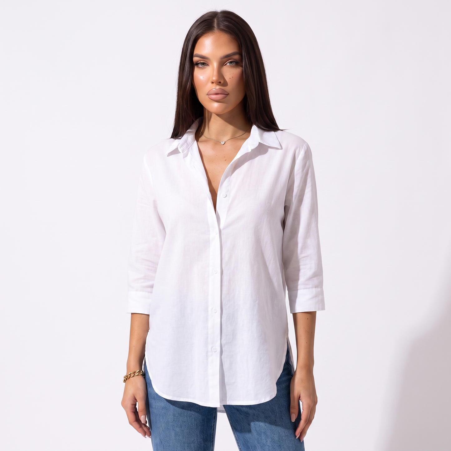 Loose V-neck button shirt, White, full look