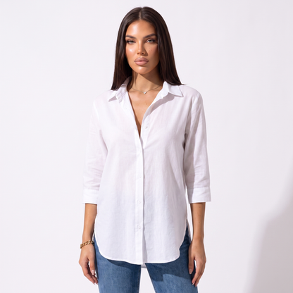 Loose V-neck button shirt, White, full look