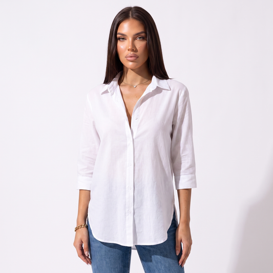 Loose V-neck button shirt, White, full look